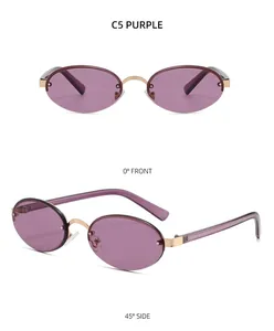 Detailed front and 45-degree side views of purple rimless oval sunglasses with gold hinges