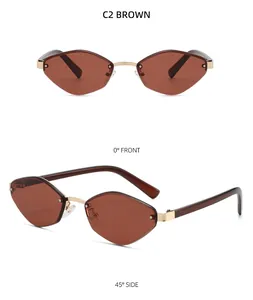 Front and side views of brown rimless geometric sunglasses with gold metal hinges