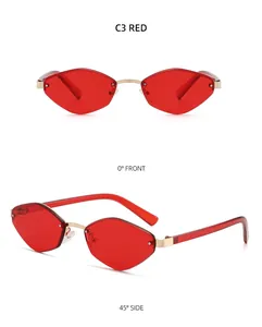 Detailed front and side views of C3 Red rimless polygonal sunglasses with gold metal