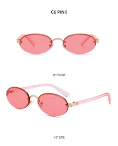 Detail view of pink rimless oval sunglasses with metal bridge and sleek pink temples