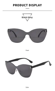 Détails de lunettes de soleil œil de chat sans monture avec branches noires et verres gris