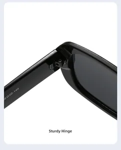 Macro view of sturdy metal hinge on premium polished small frame black sunglasses