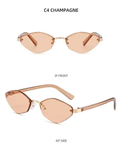 Front and side view of rimless champagne geometric sunglasses with golden metal bridge