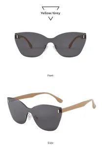 Vues détaillées de lunettes de soleil œil de chat avec branches jaunes et verres gris
