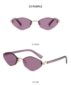 Detailed front and side views of purple geometric rimless sunglasses with gold metal frame