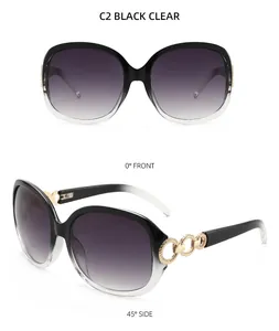 Détail de lunettes dégradées noir et transparent avec maillons dorés latéraux