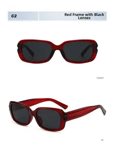 Detailed front and side view of red rectangular sunglasses with dark grey lenses