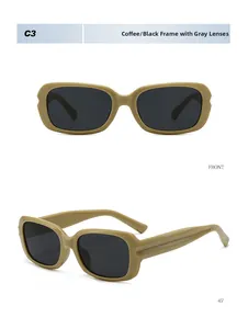Detail view of coffee-framed rectangular sunglasses showing front and side profile shots