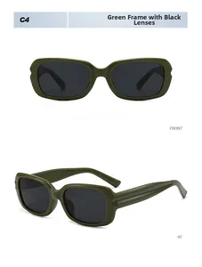 Front and 45-degree angle view of olive green rectangle sunglasses with dark grey lenses