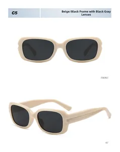 Front and 45-degree angle view of stylish beige small frame sunglasses with dark grey lenses