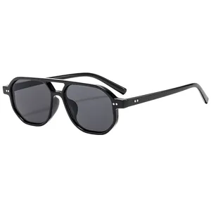Modern double bridge aviator sunglasses with black polygonal frames and silver rivet details