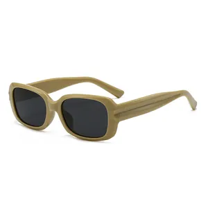 Fashionable retro khaki thick frame sunglasses for women with dark UV lenses