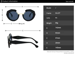 Größentabelle mit genauen Abmessungen der runden Metallrahmen-Sonnenbrille aus Legierung