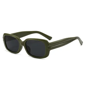 Retro rectangular sunglasses with olive green frame and dark UV protective lenses