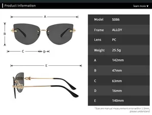 Size chart for rimless polygon sunglasses with alloy frame and detailed measurements