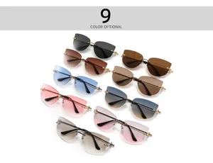 Detailed display of nine colorful gradient rimless cat eye sunglasses with metal frames