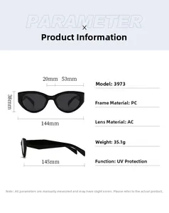 Detailed infographic showing UV protection cat eye sunglasses dimensions and specifications
