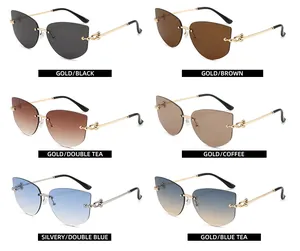 Collage of rimless polygon sunglasses featuring metal chain temples and gradient lenses