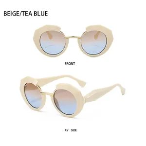 Detaillierte Vorder- und Seitenansicht der beige geometrischen Sonnenbrille mit Farbverlauf