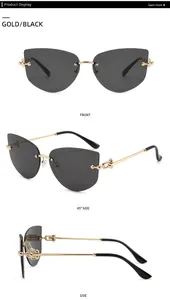 Three angles of rimless polygon sunglasses with gold metal temples and dark gray lenses
