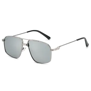 Silver metal pilot sunglasses with double bridge and dark grey rectangular lenses