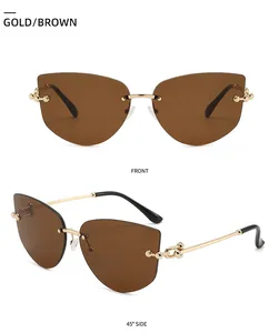 Front and 45-degree side views of gold rimless polygon sunglasses with brown lenses