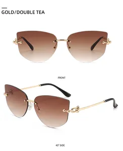 Front and side view of rimless cat-eye sunglasses with gold frame and tea gradient lenses