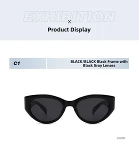 Front view of stylish black cat-eye sunglasses with polished frames and dark gray lenses