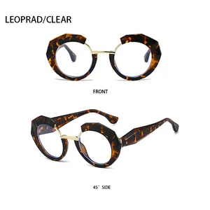 Front- und 45-Grad-Seitenansicht der geometrischen Rundbrille mit Schildpattmuster und Metall