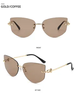 Detailed front and side views of gold rimless polygon sunglasses with coffee lenses