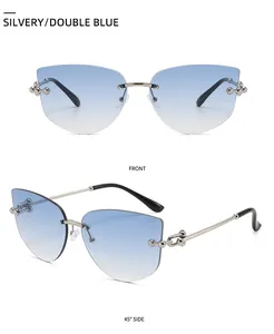 Front and side view of frameless blue gradient sunglasses with silver metal detail