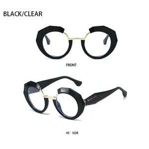 Front- und 45-Grad-Seitenansicht der geometrischen schwarzen Brille mit Gold-Nasensteg