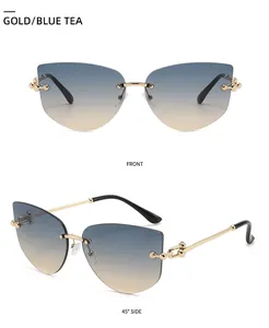 Detail view of rimless polygon sunglasses with gold metal frame and gradient blue tea lenses