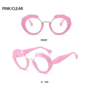 Front- und 45-Grad-Seitenansicht der rosa runden Sonnenbrille mit Metallsteg