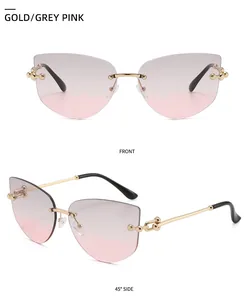 Detailed front and side views of rimless rimless polygon sunglasses with gold chain temples