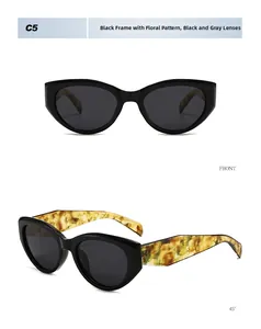Detailed front and side views of cat eye sunglasses with floral black frames and grey lenses