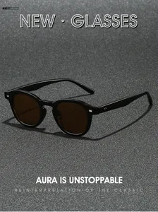 Macro detail of retro round panto sunglasses with keyhole bridge and silver rivets
