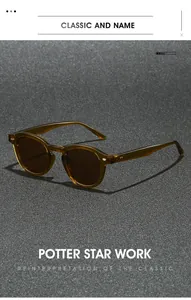 Detailed close-up of retro round amber sunglasses with smoke grey lenses and hinges