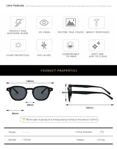 Detailed size specifications and dimensions for retro narrow frame round sunglasses