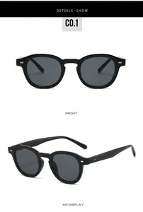 Close-up of retro black round sunglasses showing front and 45-degree angle display