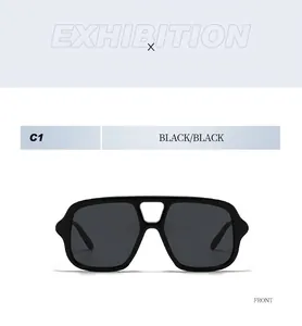 Front view of black pilot sunglasses with double bridge and dark grey lenses C1