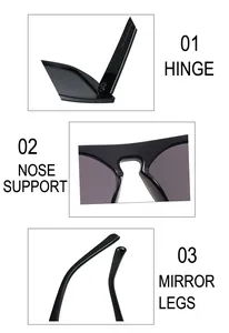Detailed views of square sunglasses featuring reinforced hinges and integrated nose pads