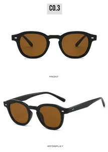 Front and 45-degree angle views of vintage round brown lens sunglasses with silver rivets