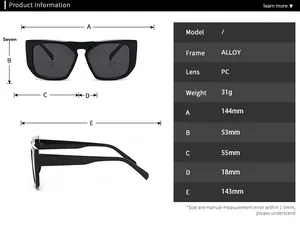 Size chart showing dimensions and technical specifications of oversized square sunglasses