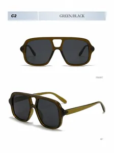 Front and 45-degree views of olive green double-bridge aviator sunglasses with grey lenses
