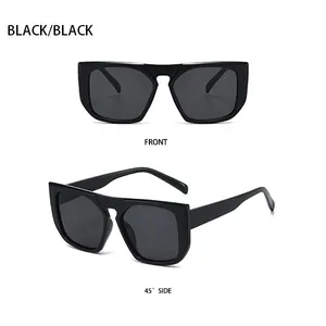 Macro detail of square black oversized sunglasses with side and front views shown