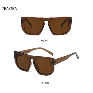Detailed front and side view of oversized square tea-tinted fashion sunglasses