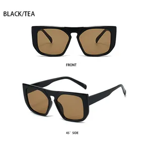 Front and 45-degree side view of oversized black square sunglasses with tea lenses