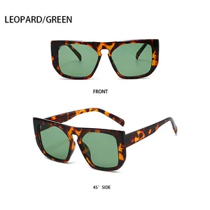 Detailed front and 45-degree side views of square leopard print sunglasses with green lenses