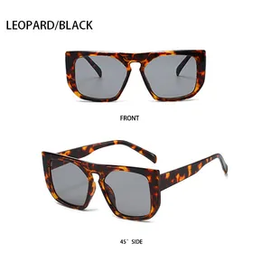 Front and 45-degree side view of vintage leopard print oversized square sunglasses